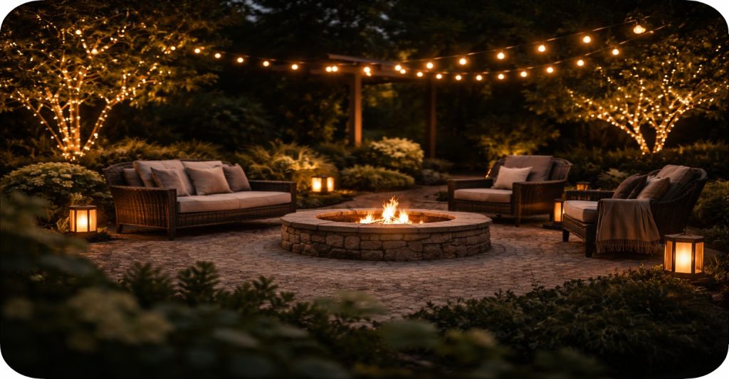 Relaxed outdoor lounge setup with layered lighting, soft textures, and inviting backyard atmosphere at dusk