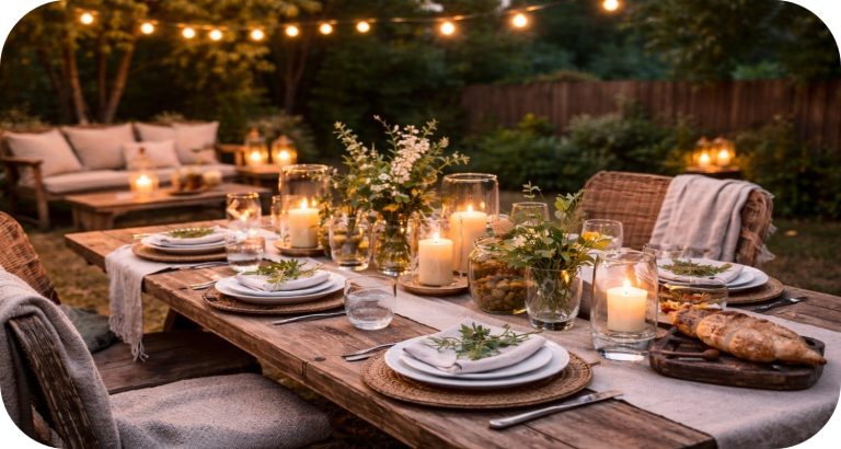 Backyard dinner table with candles and string lights at dusk