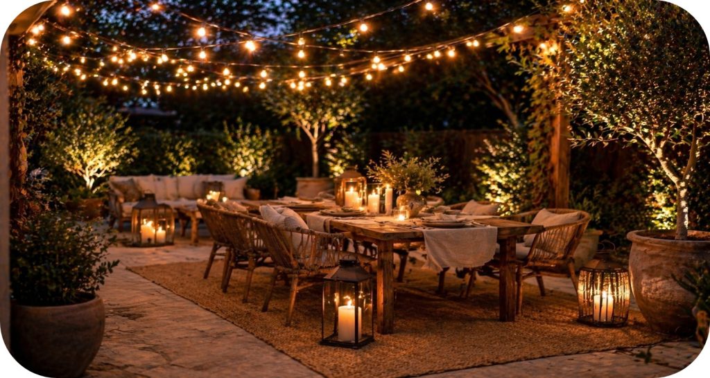 Outdoor patio with draped string lights overhead, wooden table, and soft evening glow in a cozy backyard setting