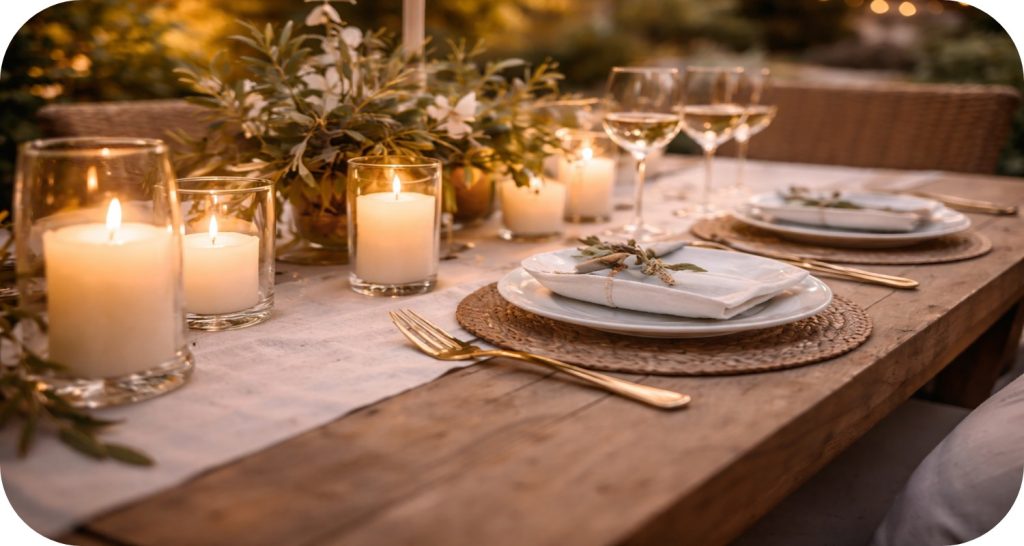 Close-up of outdoor table setting with candlelight, linen napkin, ceramic plates, and brass flatware in a warm evening glow