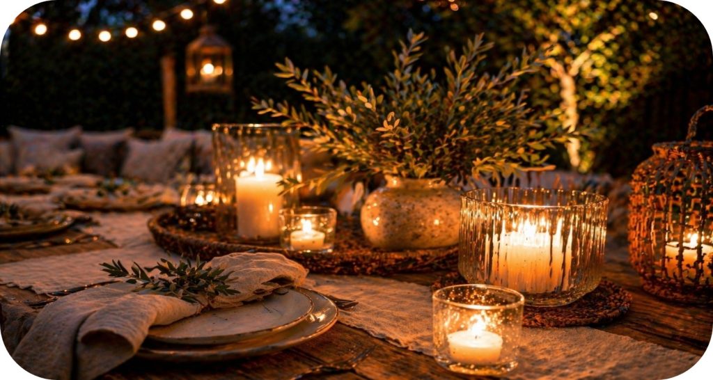 Close-up of outdoor table with glowing candles, glass holders, linen textures, and greenery in warm evening light