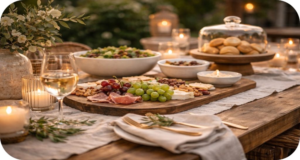 Close-up of outdoor serveware including wooden board, ceramic bowls, glass dome, and candlelight on linen table
