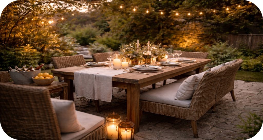 Backyard patio dining setup with wooden table, woven chairs, candles, and string lights creating a warm and inviting atmosphere