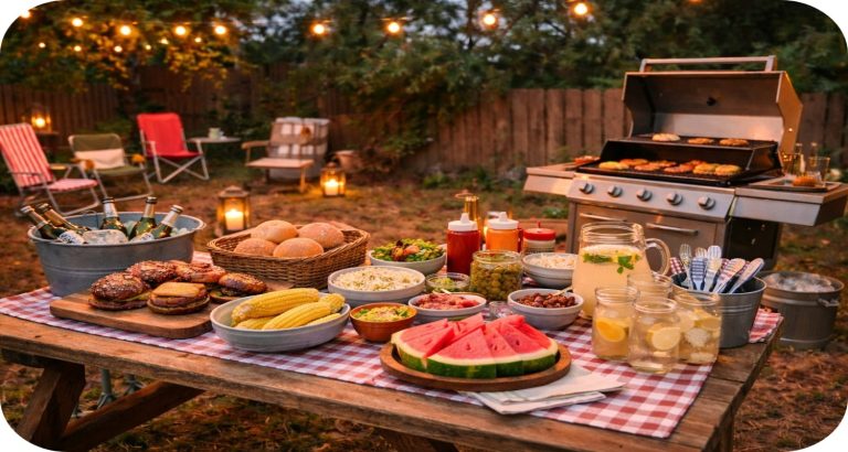 Cozy outdoor cookout scene with soft string lights, casual seating, and a welcoming table setup at sunset