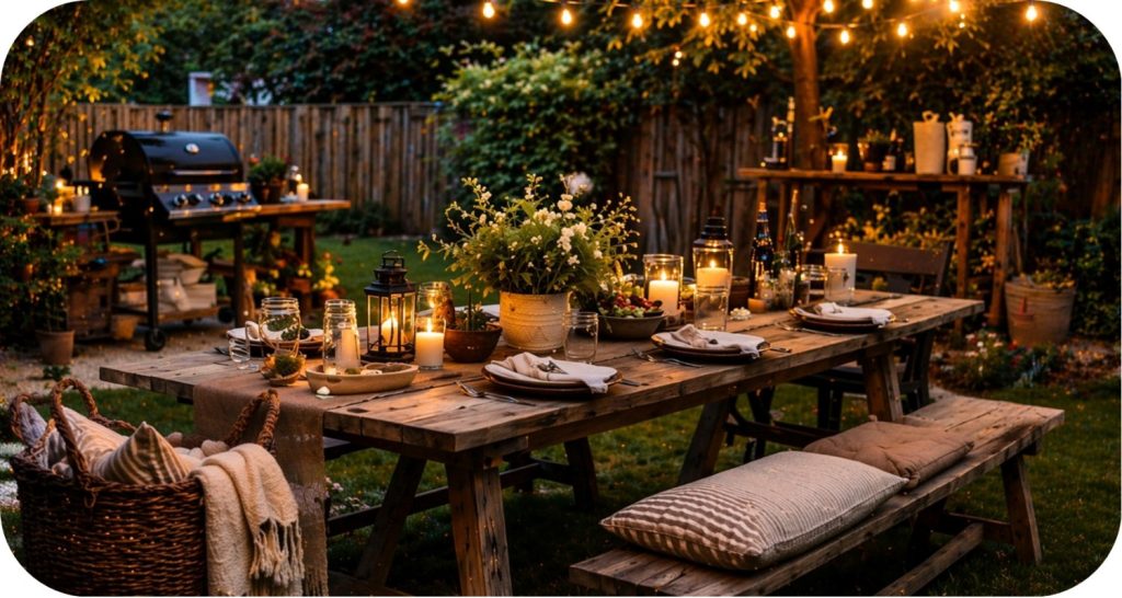Cozy backyard cookout setup with string lights, a wooden table, candles and a grill at dusk