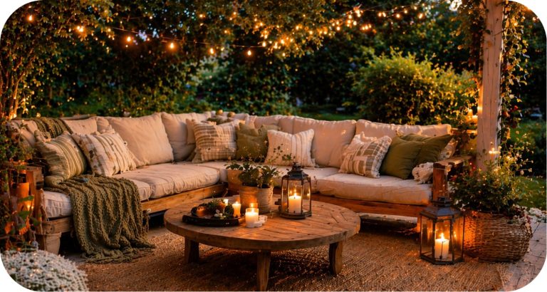 Cozy outdoor lounge with sectional seating, warm string lights, lanterns, and soft cushions in a garden setting at dusk