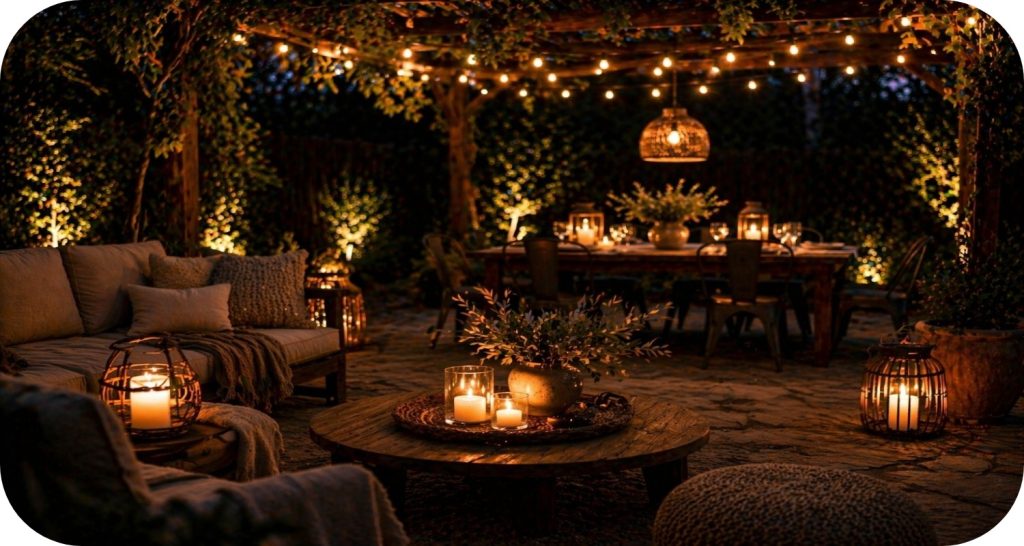 Outdoor pergola lounge with string lights, candles, and soft seating creating a warm and intimate nighttime atmosphere