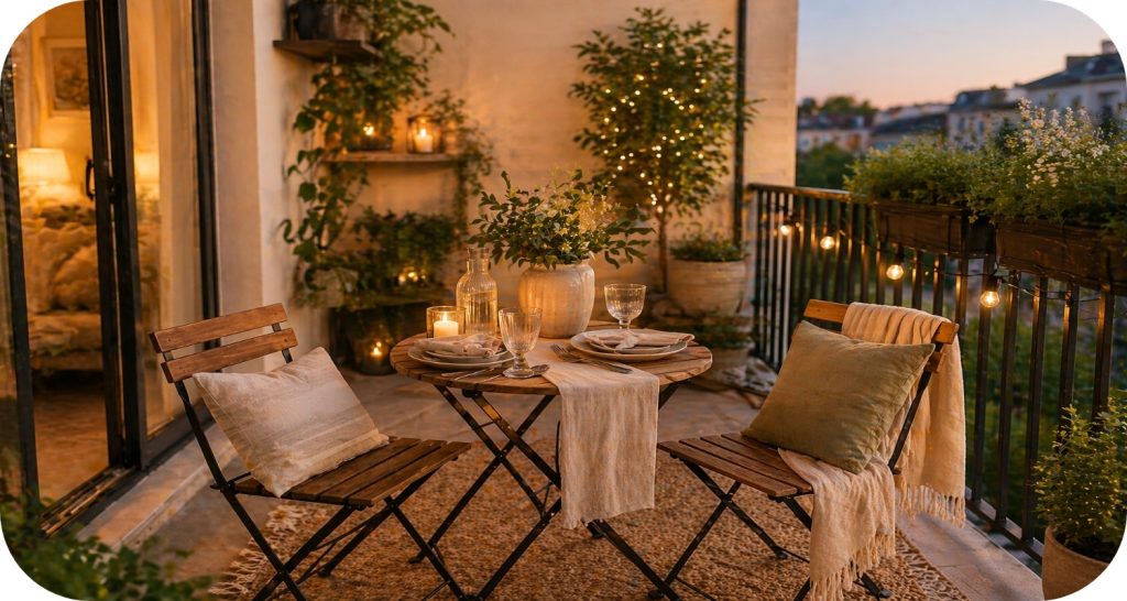 small balcony with folding bistro table, chairs, and warm evening lighting