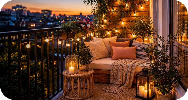 Cozy small balcony with cushions, string lights, candles, and greenery overlooking a city at sunset