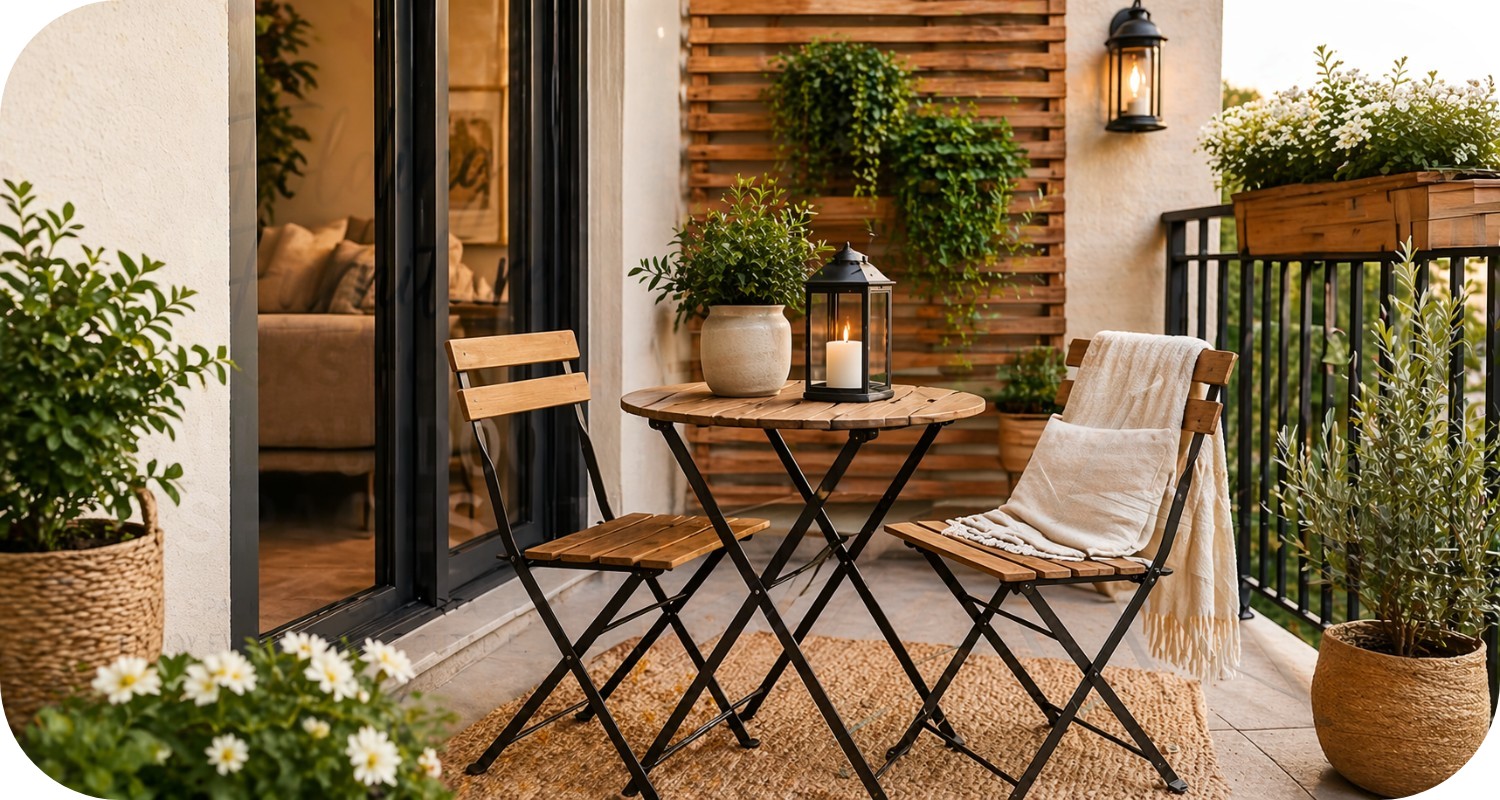 small apartment patio with folding bistro table, chairs, plants, and warm cozy decor