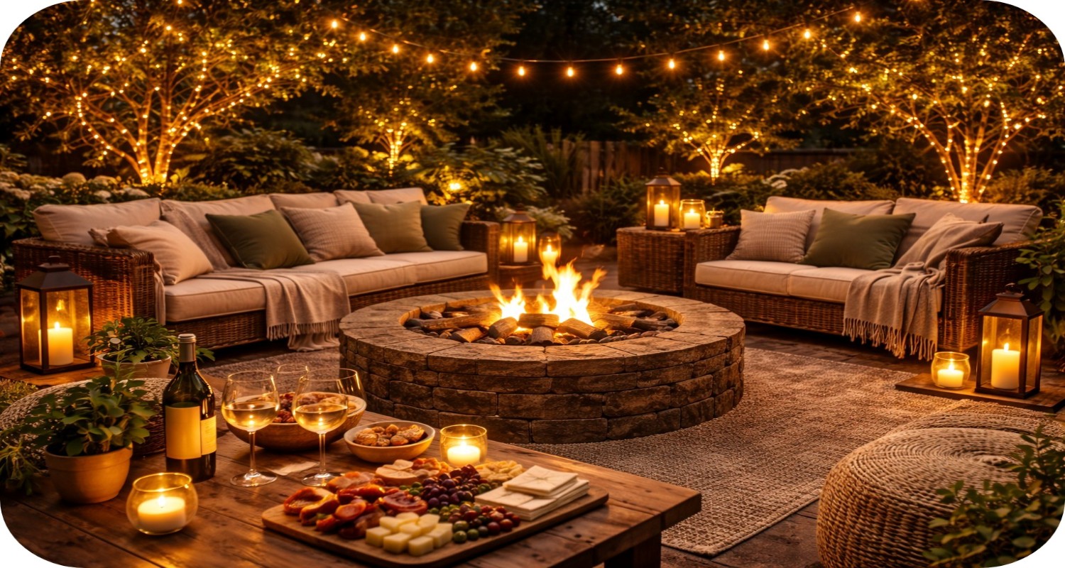 Cozy backyard fire pit gathering with seating, string lights, and warm evening glow