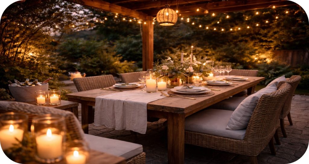 Outdoor evening dining scene under pergola with string lights, candles, wooden table, and greenery in a cozy setting