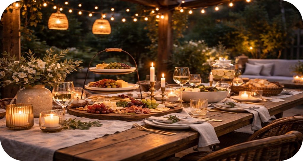 Outdoor dining table under pergola with string lights, candles, serving boards, and bowls in a warm evening setting