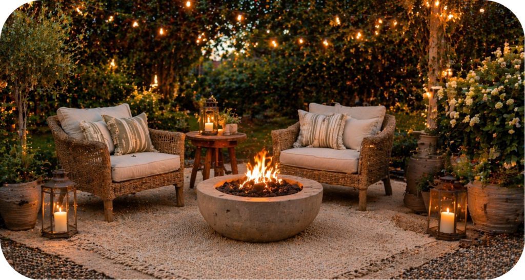 Outdoor lounge with woven chairs around a fire pit, lanterns, and string lights creating a warm glow in a backyard at dusk