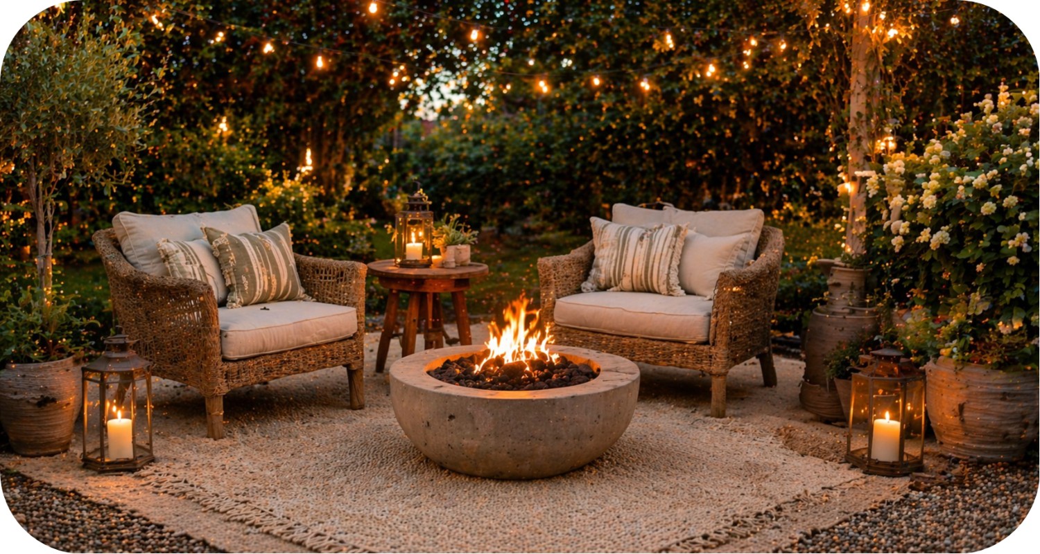 Outdoor lounge with woven chairs around a fire pit, lanterns, and string lights creating a warm glow in a backyard at dusk
