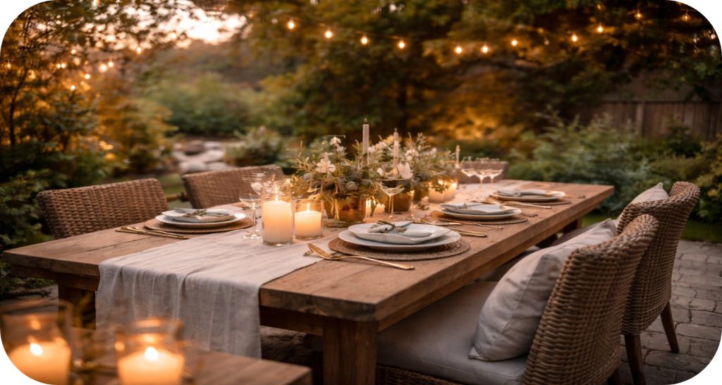 Outdoor garden dining table at golden hour with linen runner, candles, glassware, and greenery in a warm, relaxed setting