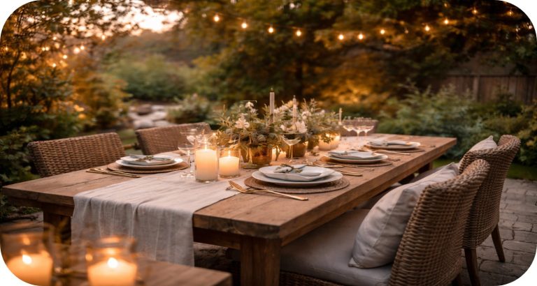 Outdoor garden dining table at golden hour with linen runner, candles, glassware, and greenery in a warm, relaxed setting