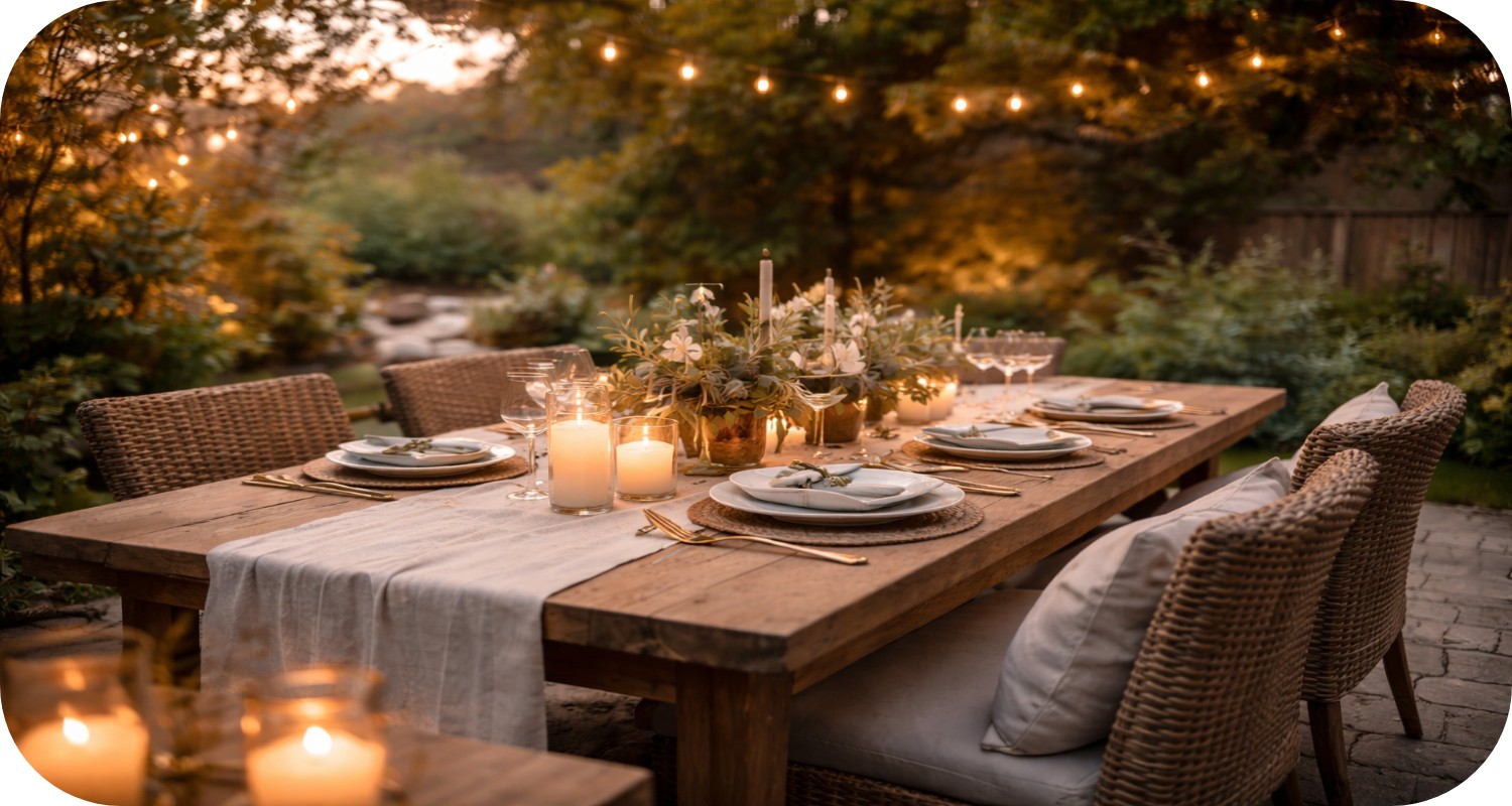 Outdoor garden dining table at golden hour with linen runner, candles, glassware, and greenery in a warm, relaxed setting