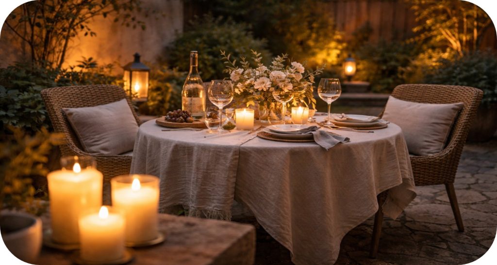 Small courtyard dinner setup for two with candles, linen tablecloth, wildflowers, and lanterns in a warm intimate setting
