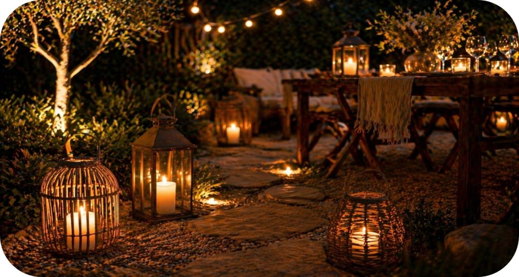 Outdoor garden pathway with lanterns and candles leading to a softly lit dining table at night