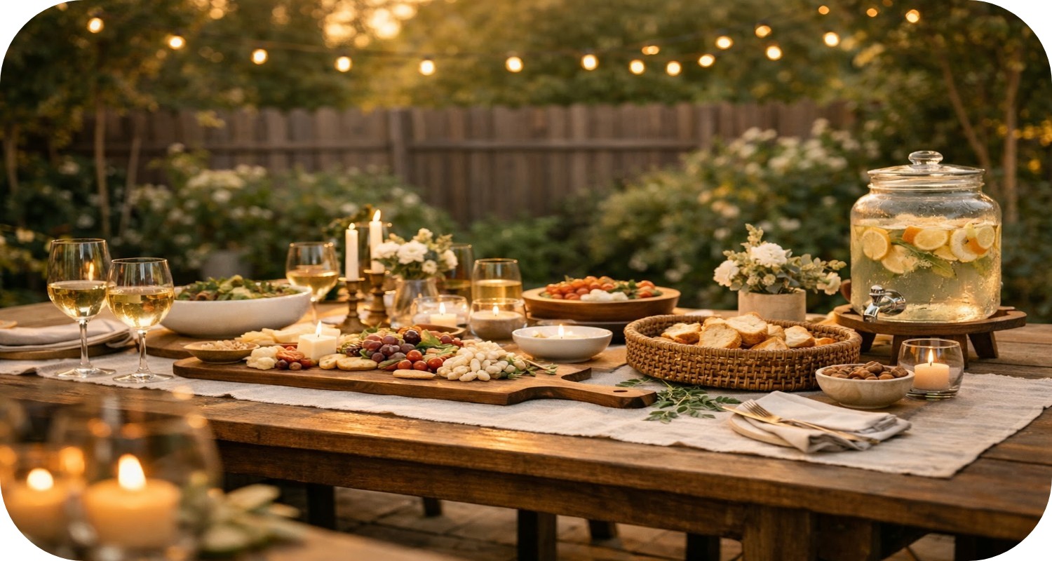 Outdoor dining table with wooden serving boards, ceramic bowls, drink dispenser, and candles styled in a warm garden setting