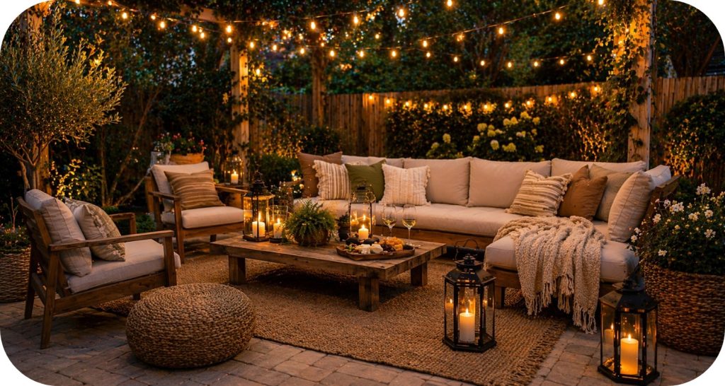 Outdoor patio lounge with cushioned seating, lanterns, string lights, and a wooden table creating a warm glow at dusk