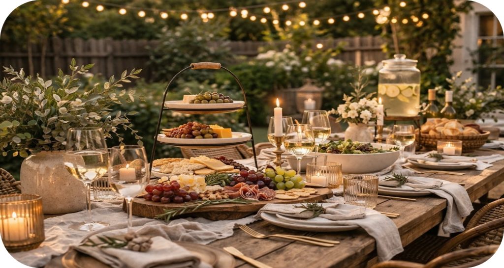 Side view of outdoor table with tiered serving stand, charcuterie board, candles, and linen details in golden hour light