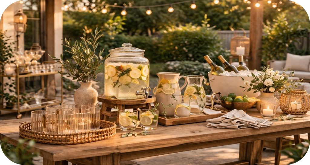 Outdoor drink station with glass dispenser, pitchers, trays, and greenery arranged on a wooden table with warm lighting