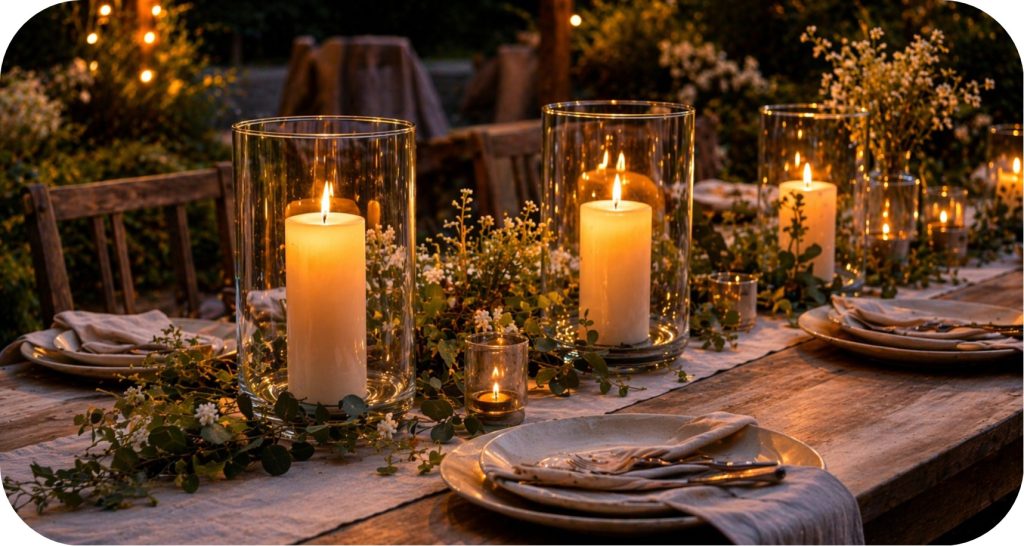 Glass hurricane candles with greenery on a rustic outdoor dinner table at night