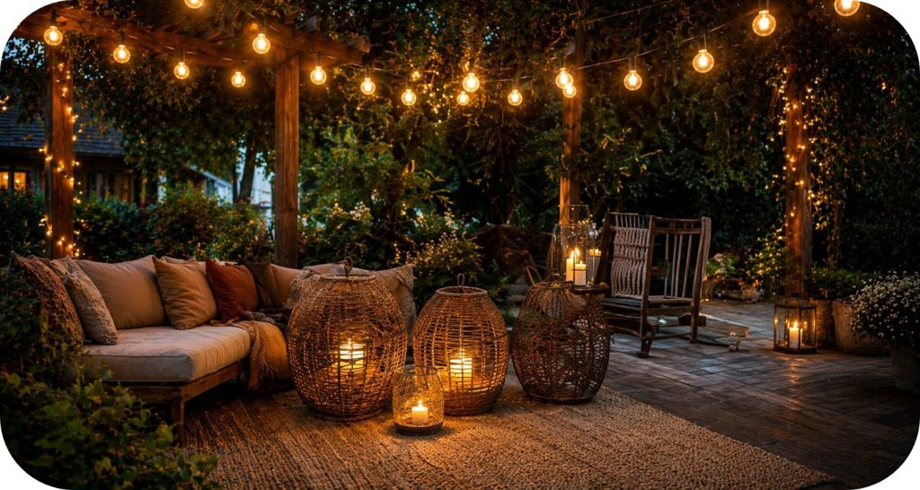 Backyard pergola with warm string lights and cozy seating area at night