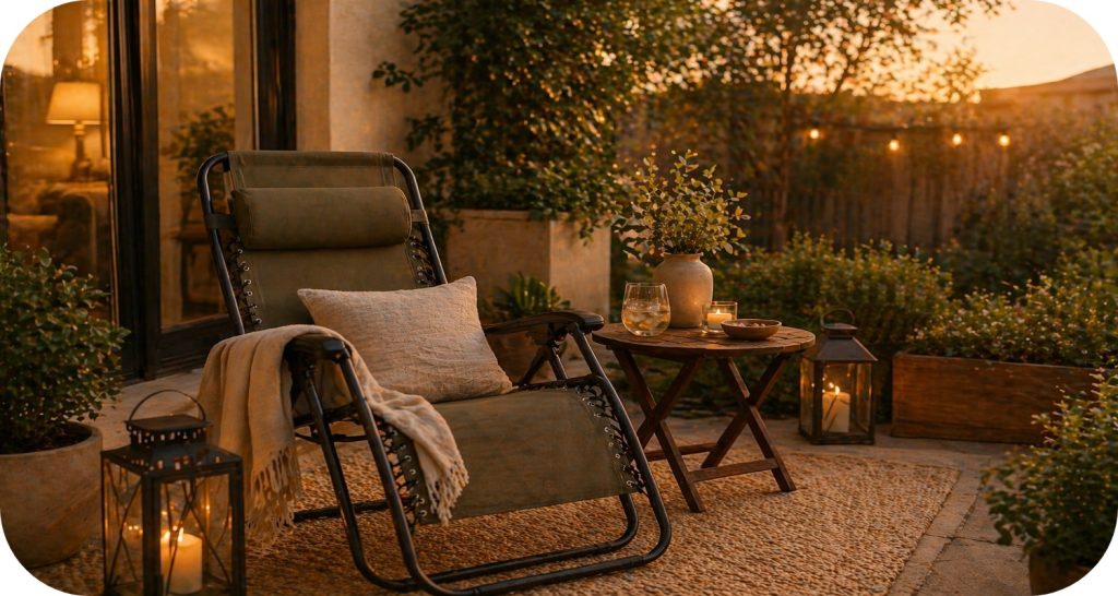 small patio with folding lounge chair, side table, and warm lantern lighting