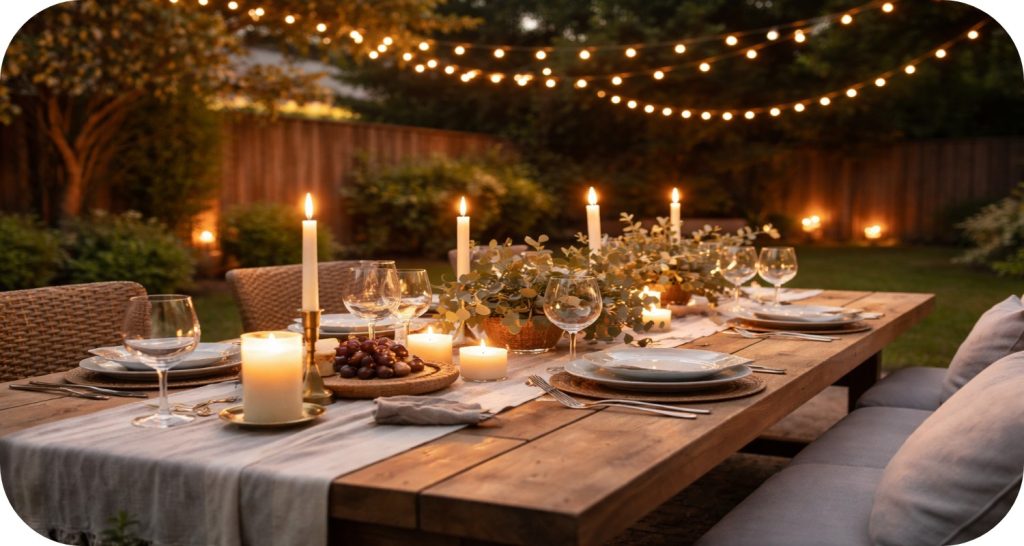 Outdoor backyard dinner table with candles, string lights, linen runner, and greenery creating a warm romantic evening setting