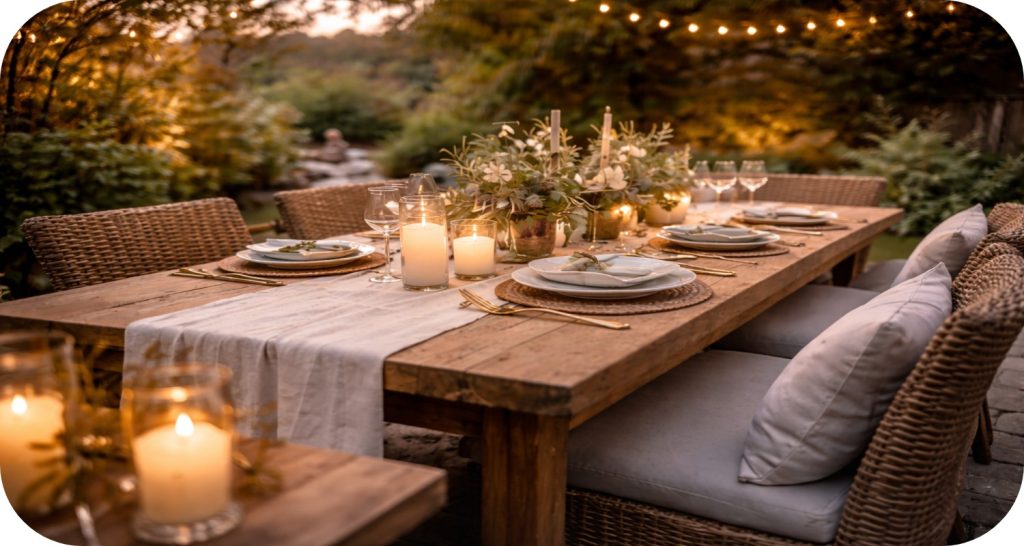 Side perspective of outdoor garden table with linen runner, candles, plates, and greenery in soft golden hour light