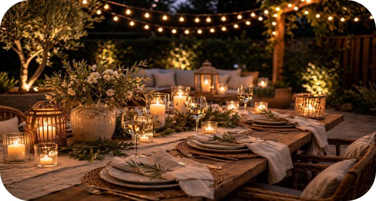 Outdoor dining table with candles, string lights, and greenery creating a warm and inviting evening setting