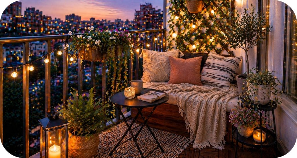 Cozy balcony with soft cushions, string lights, candles, and plants overlooking a city skyline at sunset