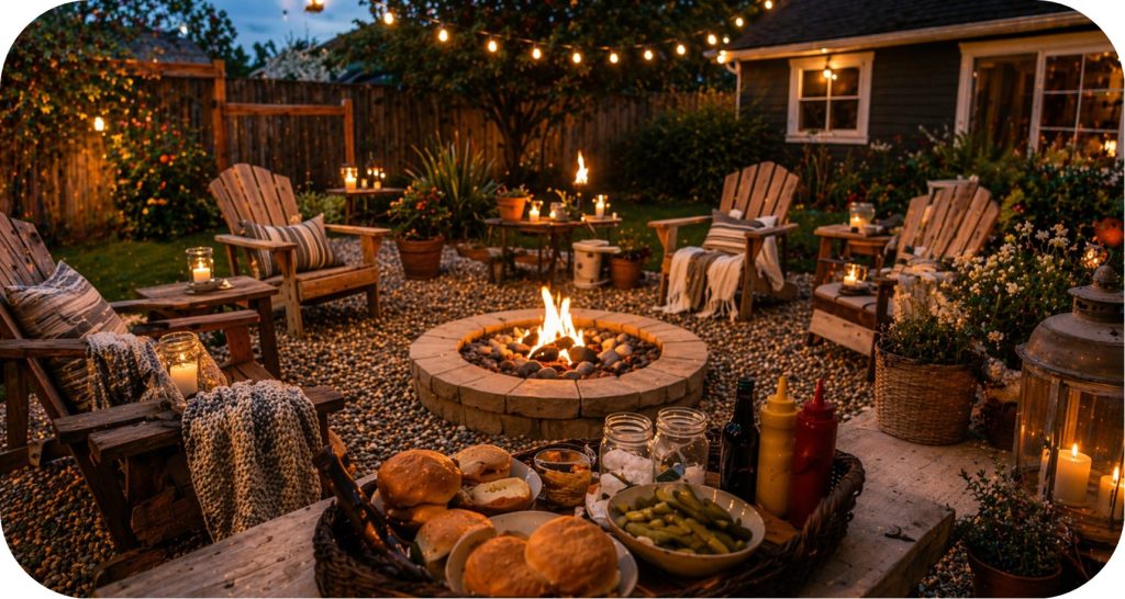 Backyard cookout scene with a firepit, Adirondack chairs, string lights, and a table set with burgers and condiments
