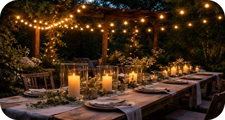 Cozy backyard dinner party setup with string lights, wooden table, candles, and greenery at dusk