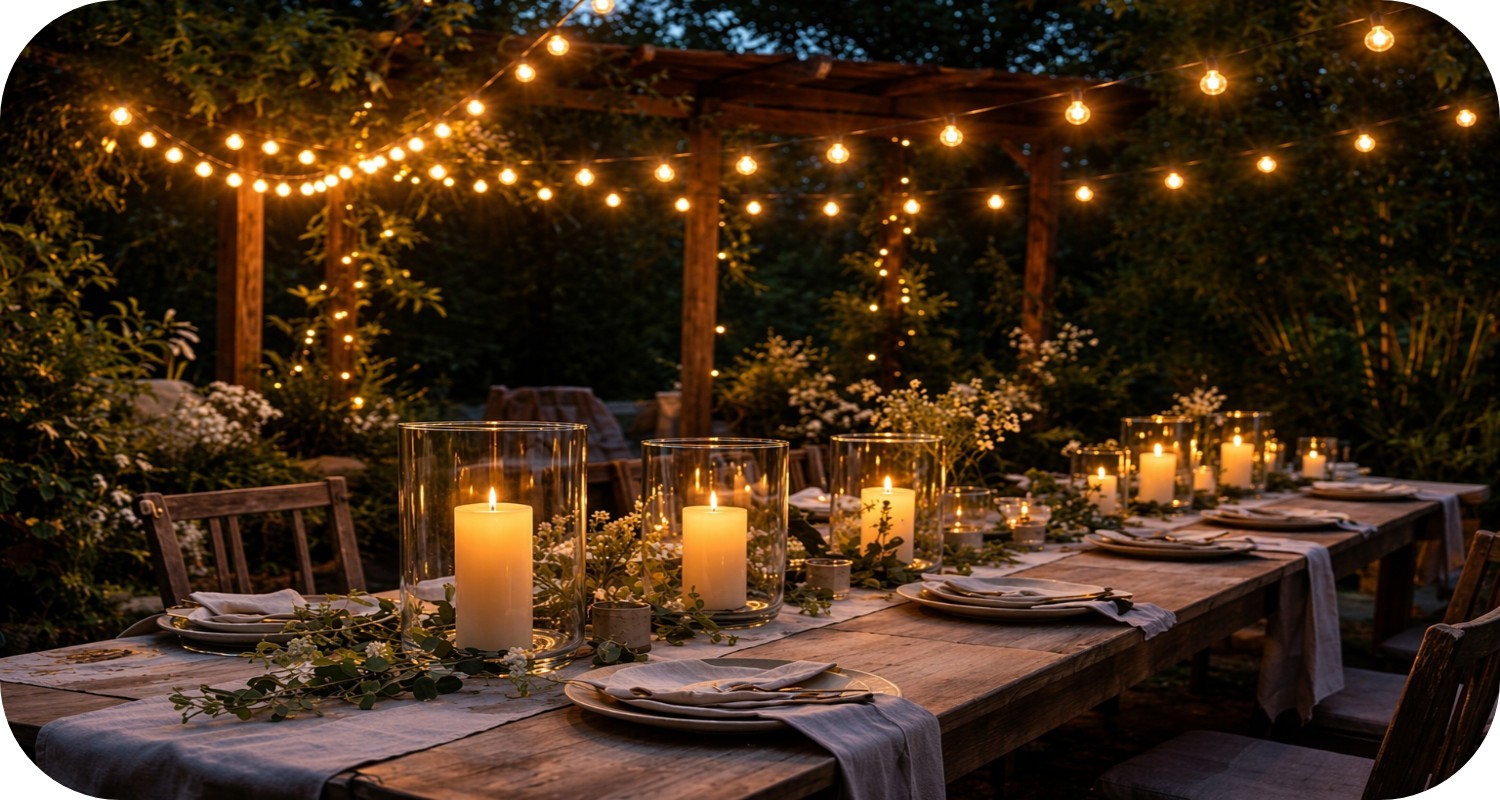 Cozy backyard dinner party setup with string lights, wooden table, candles, and greenery at dusk